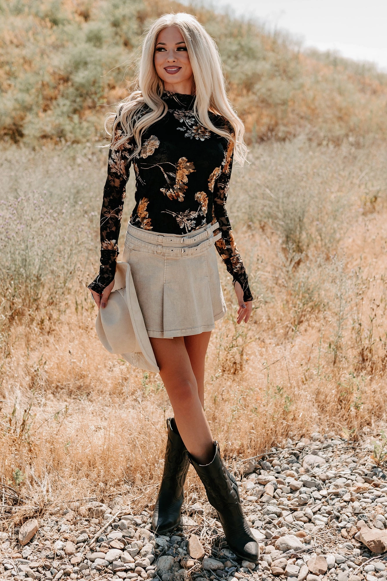 Weighted Hem Design Raglan Sleeve Cool, Calm & Collected Belted Denim Mini Skirt (Khaki)