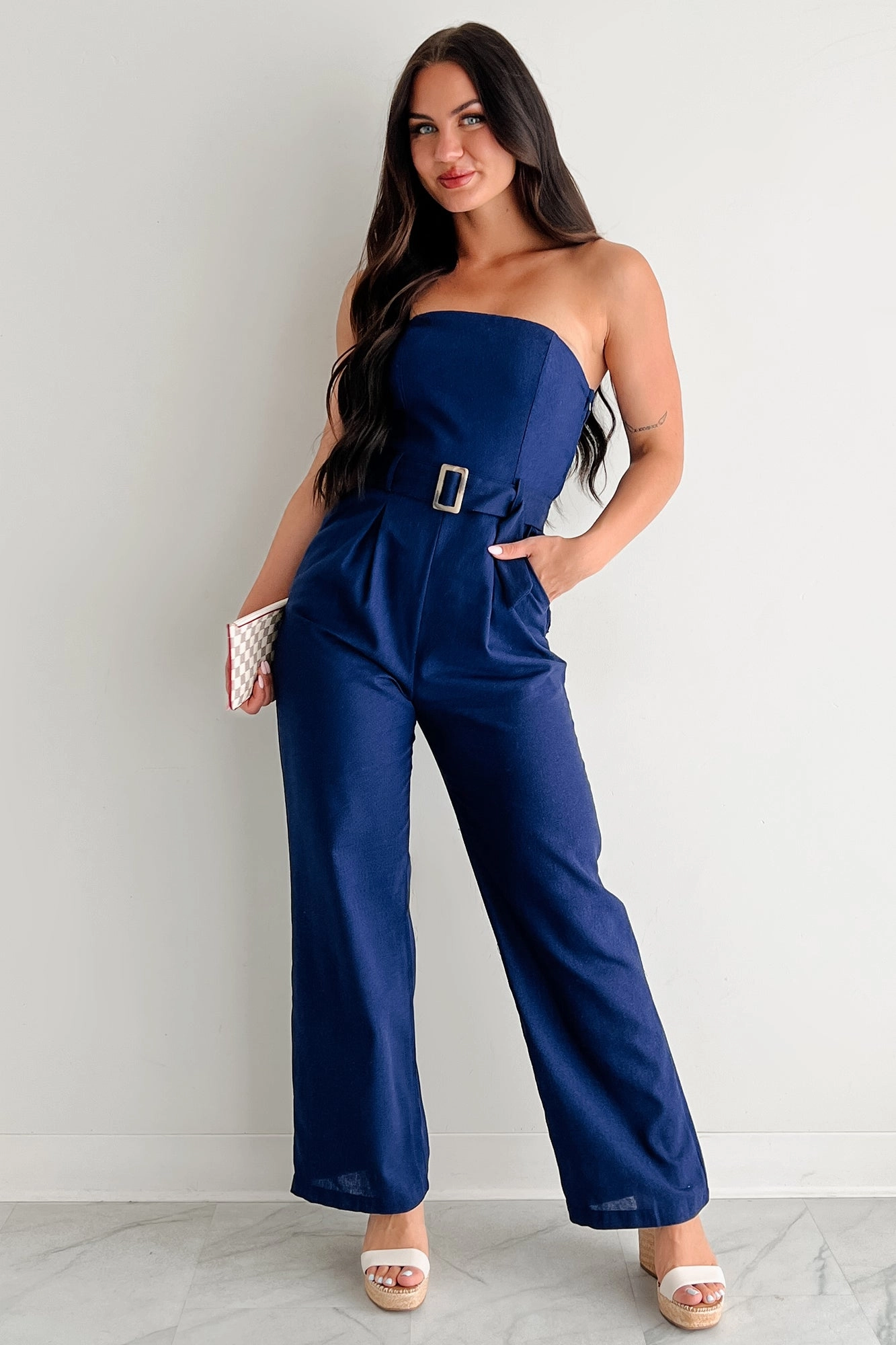 One More Page Strapless Belted Jumpsuit (Navy) Style Ease ContrastStitching
