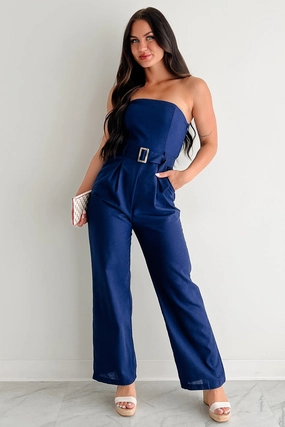 One More Page Strapless Belted Jumpsuit (Navy) Style Ease ContrastStitching