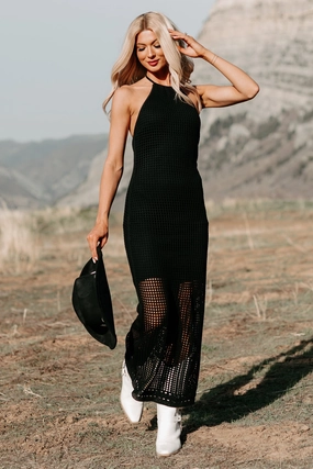 Seeking Peace Halter Crochet Midi Dress (Black) Scandi Clean Flexible Layers