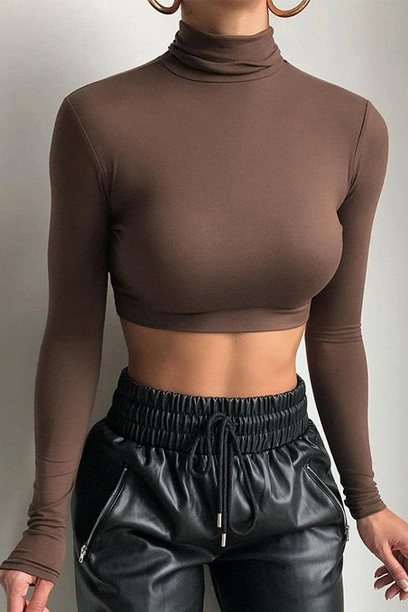 WOMEN HIGH NECK LONG SLEEVE FITTED SEXY CROP TOP Anti Static Cloth Blend TailoredCut