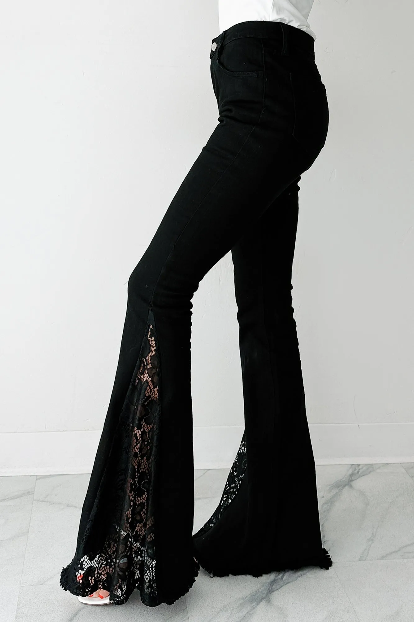 Coraline Saint & Hearts Lace Flare Jeans (Black) TailoredCut Low Profile Zipper