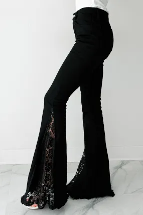 Coraline Saint & Hearts Lace Flare Jeans (Black) Selvedge Detailing Seamless Waistband Finish