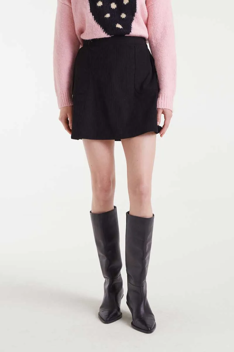Corduroy Mini Skirt in Black Tear Resistant Material Crisp Edge