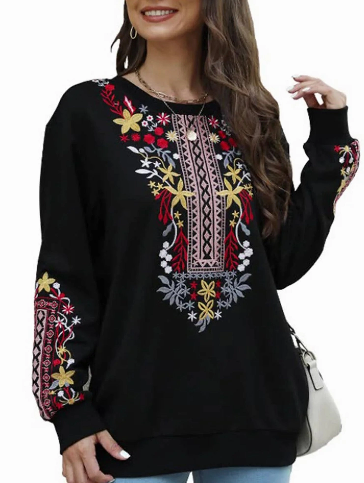 Flatlock Stitching Technique Self Fabric Tie Closure COTTON PLUS-SIZE V-NECK ETHNIC EMBROIDERED HOODIE_CWTBLL0826