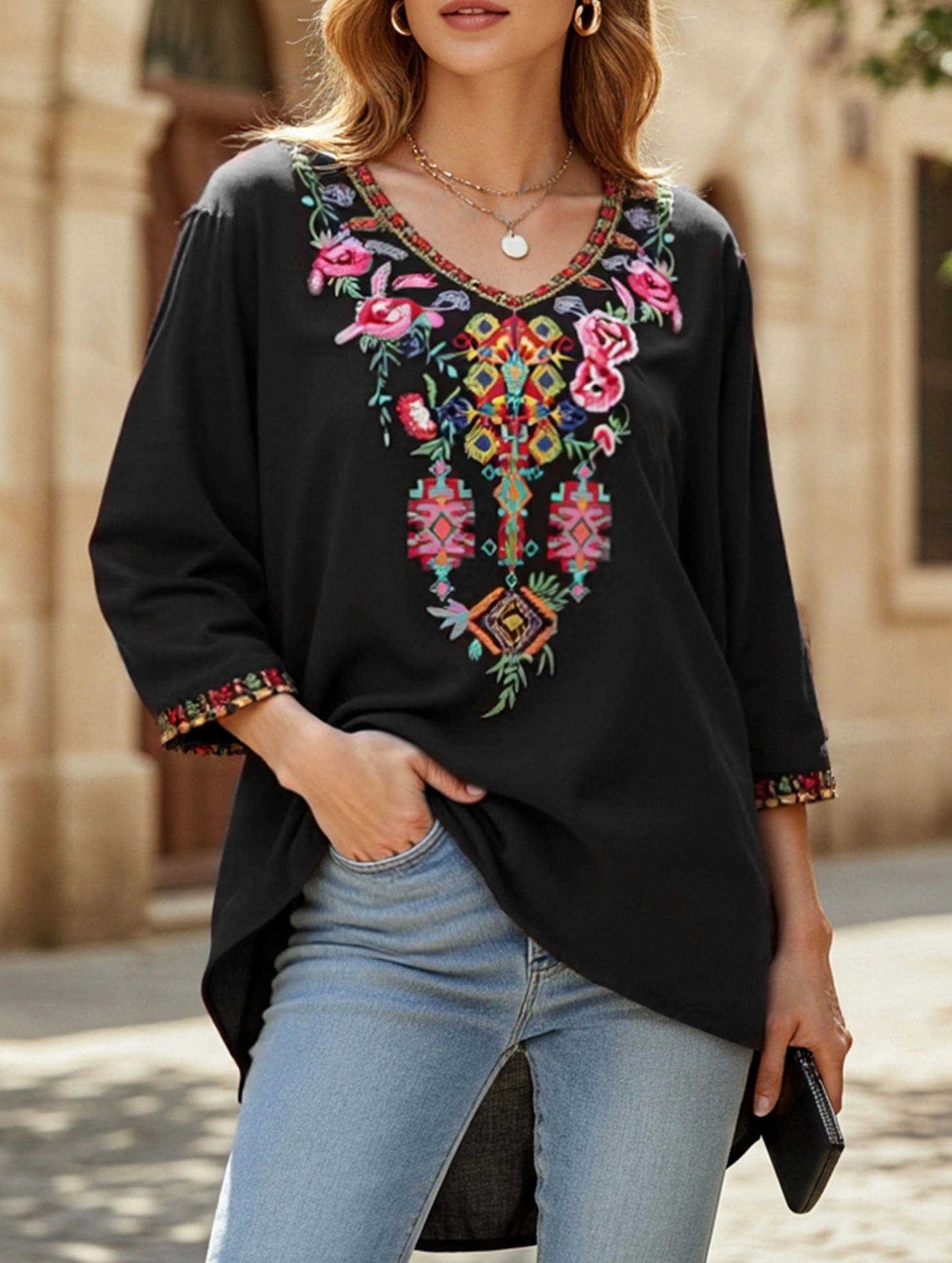 COTTON V-NECK STYLE EMBROIDERED TOP Compression Gradient FlexibleRibbedTrims