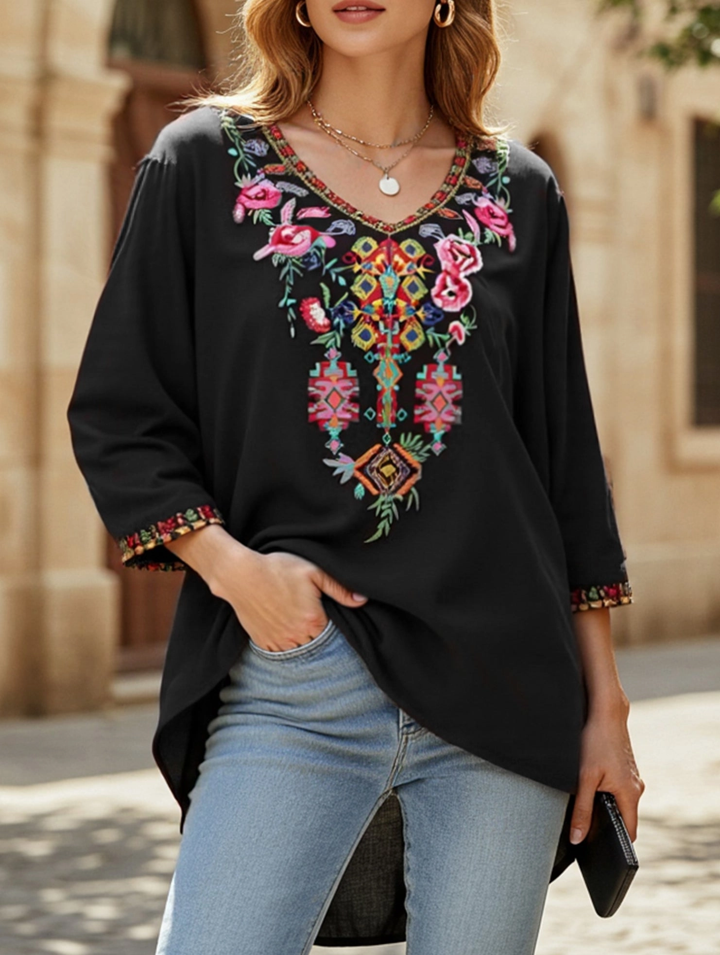 COTTON V-NECK STYLE EMBROIDERED TOP AntiPill Surface
