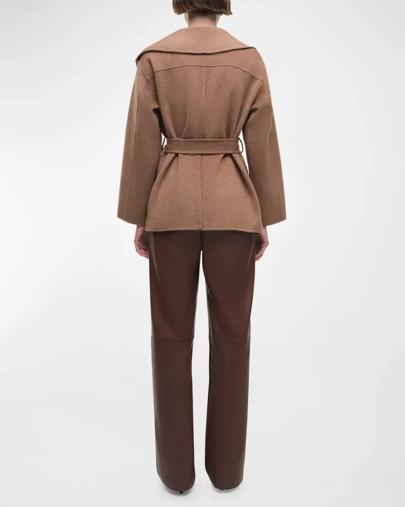 Rowen Fringe Belted Wool-Blend Jacket Camel suitable for talent shows Chemistry