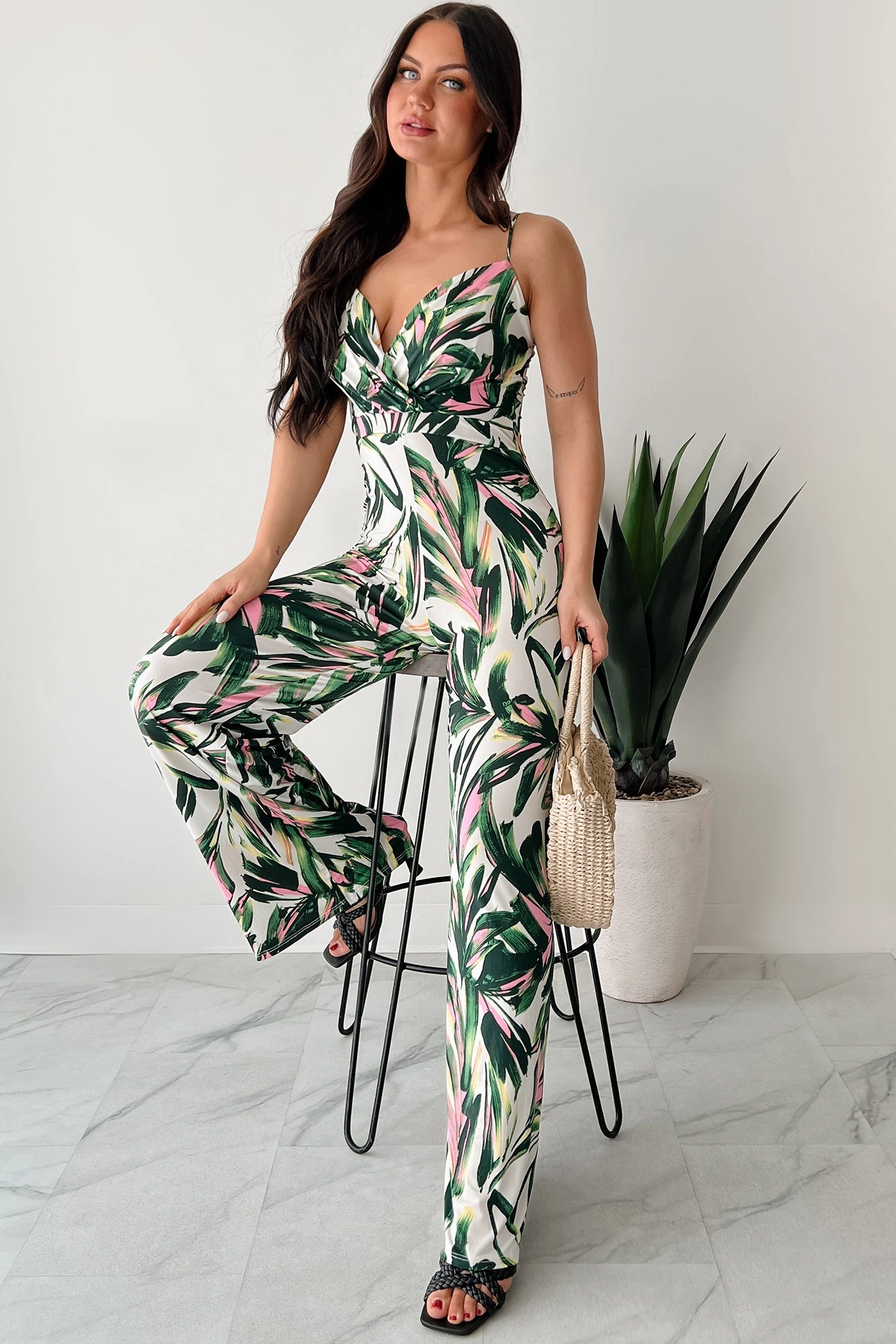 Grass Soft Walking With Fire Printed Surplice Jumpsuit (Multi)