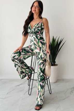 Pleated design All-Day Wear Walking With Fire Printed Surplice Jumpsuit (Multi)