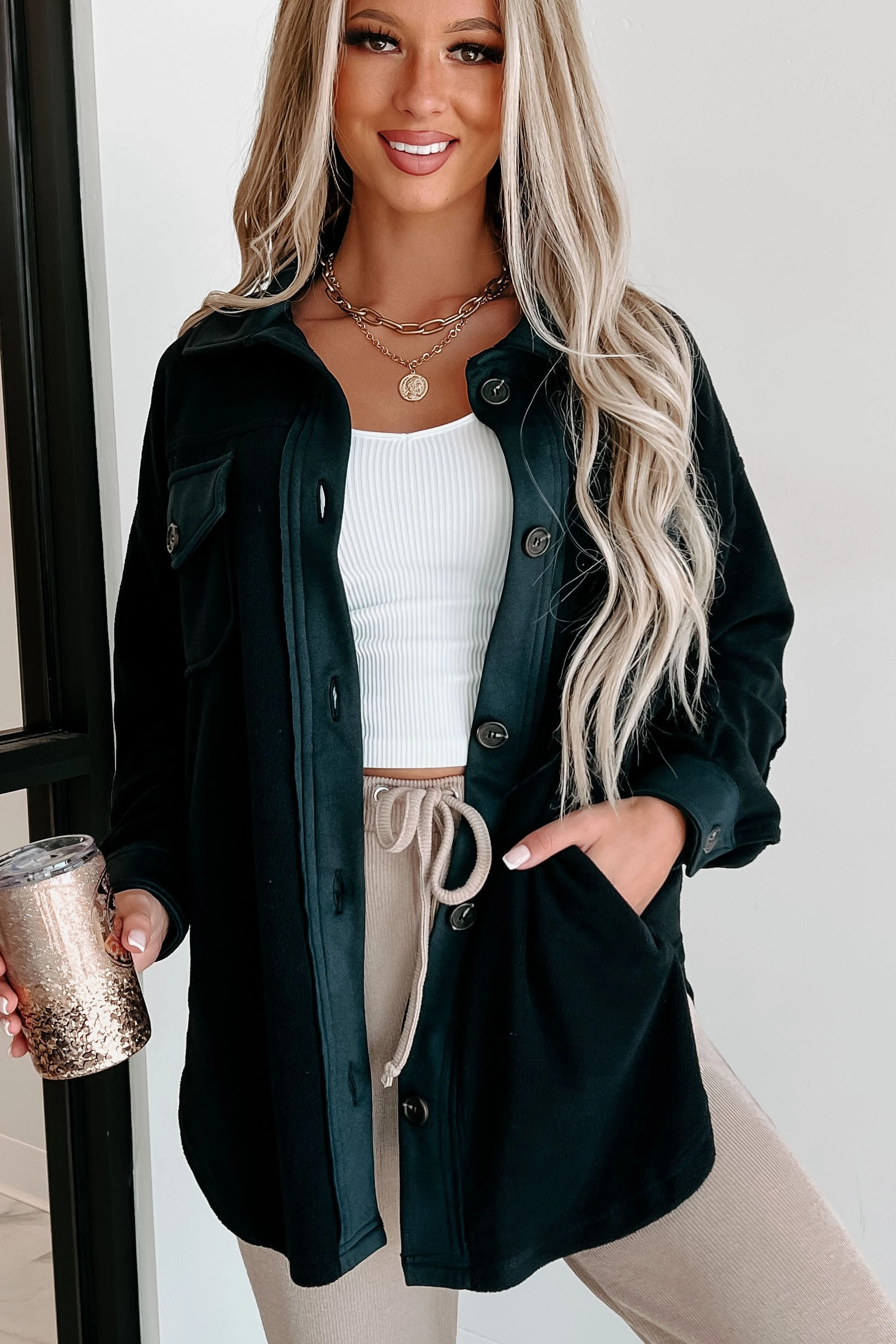 FlatlockSeamTechnique Casual Sweater Cozy Campfire Nights Oversized Fleece Shacket (Black)