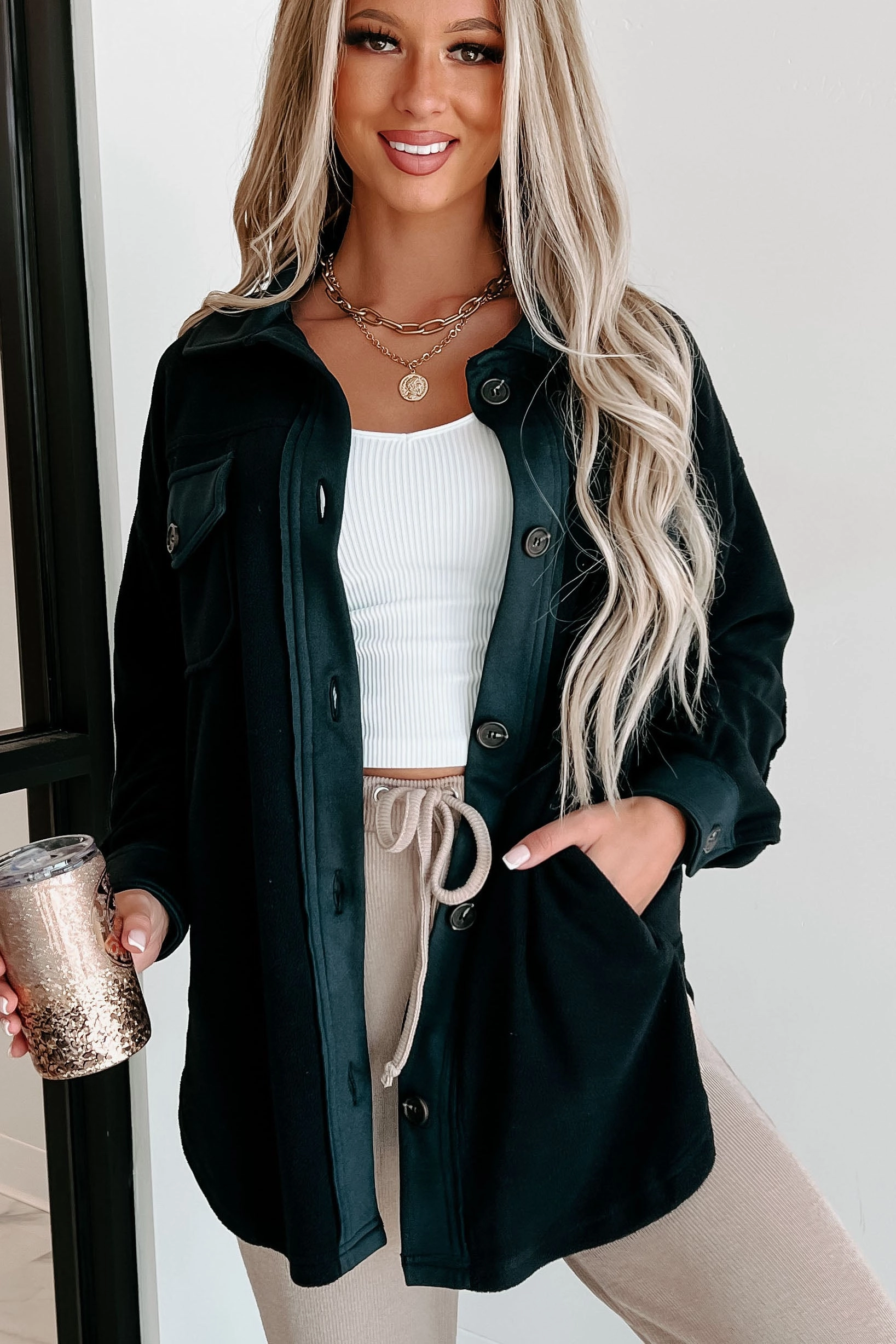 Cozy Campfire Nights Oversized Fleece Shacket (Black) DurableStitching