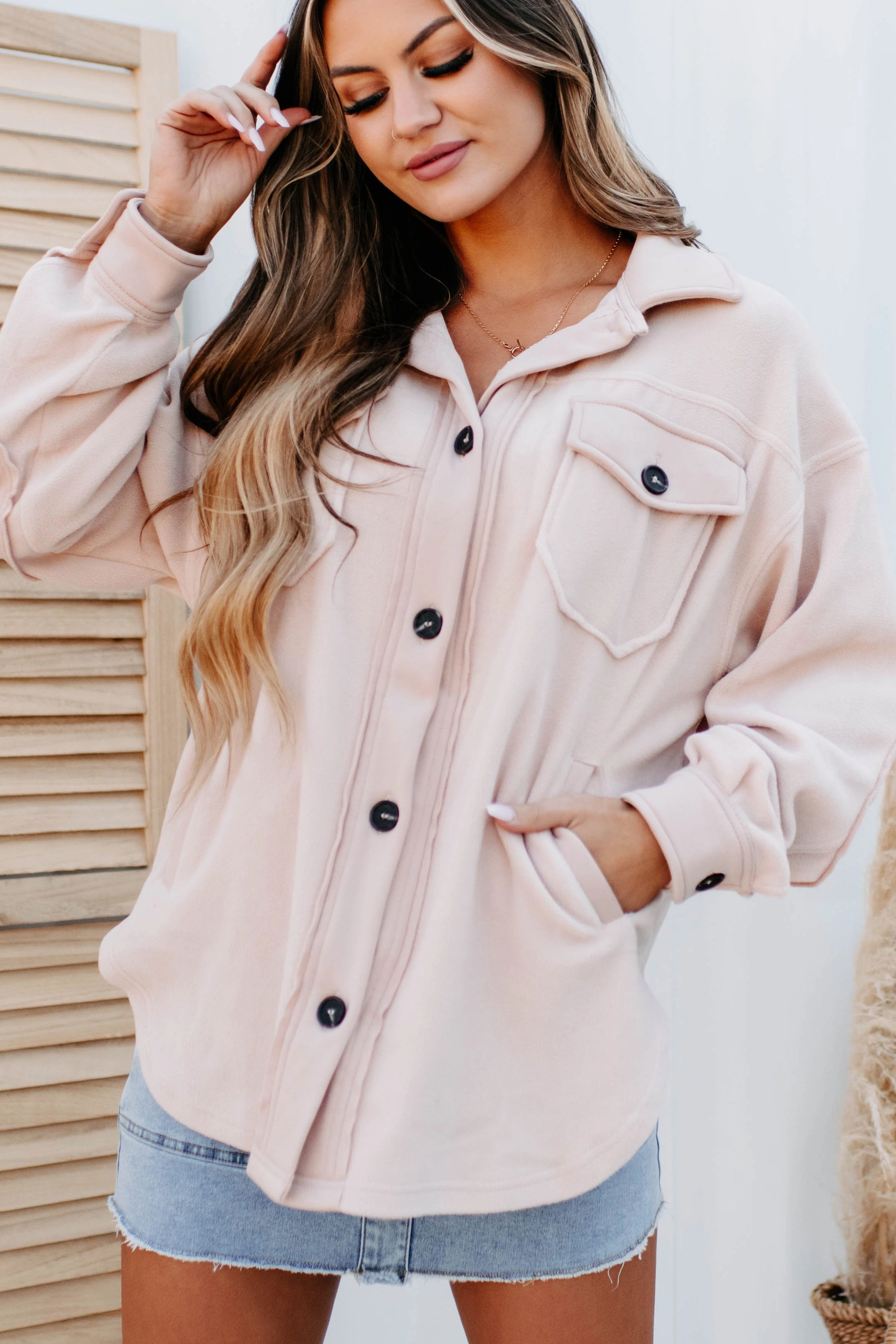 ribbed texture Cozy Campfire Nights Oversized Fleece Shacket (Dusty Blush)