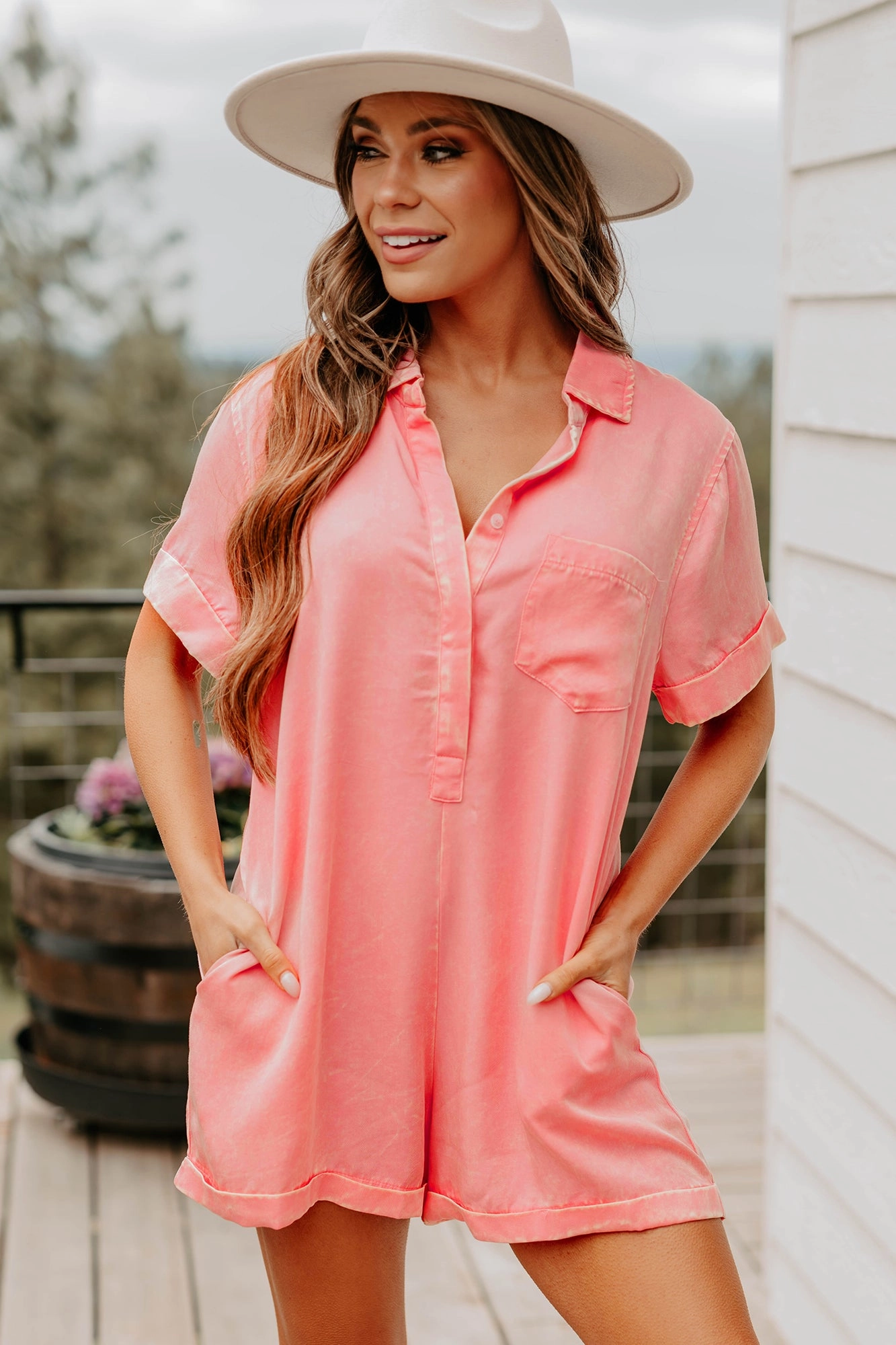 Cozy Spell Mineral Wash Zenana Romper (Dark Pink) Self Fabric Tie Closure GarmentWashedFinish