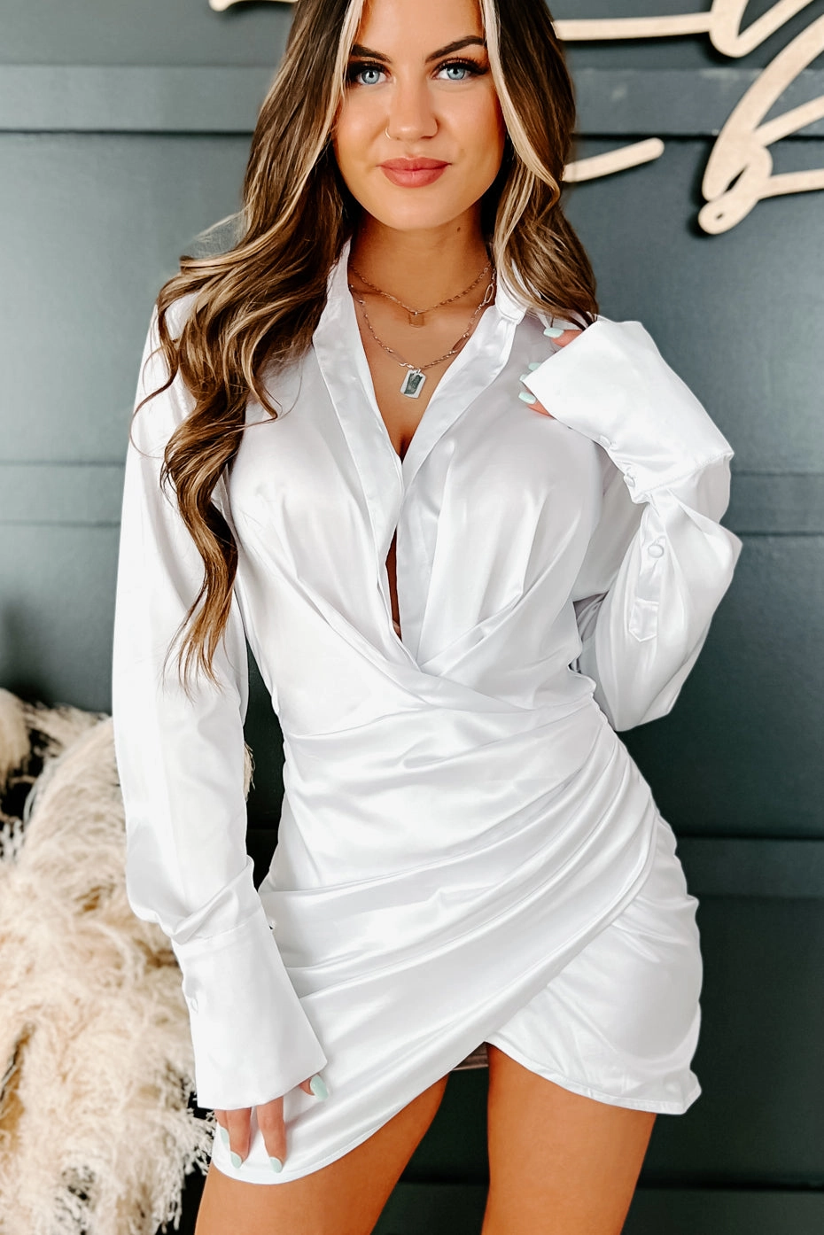 LightweightConstruction AntiFade Treatment Create Opportunity Ruched Satin Shirt Dress (White)