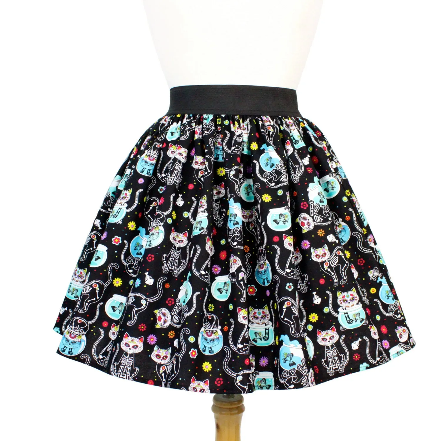 Breathable fabric Day of the Dead Kitty Pleated Skirt #PS-C332
