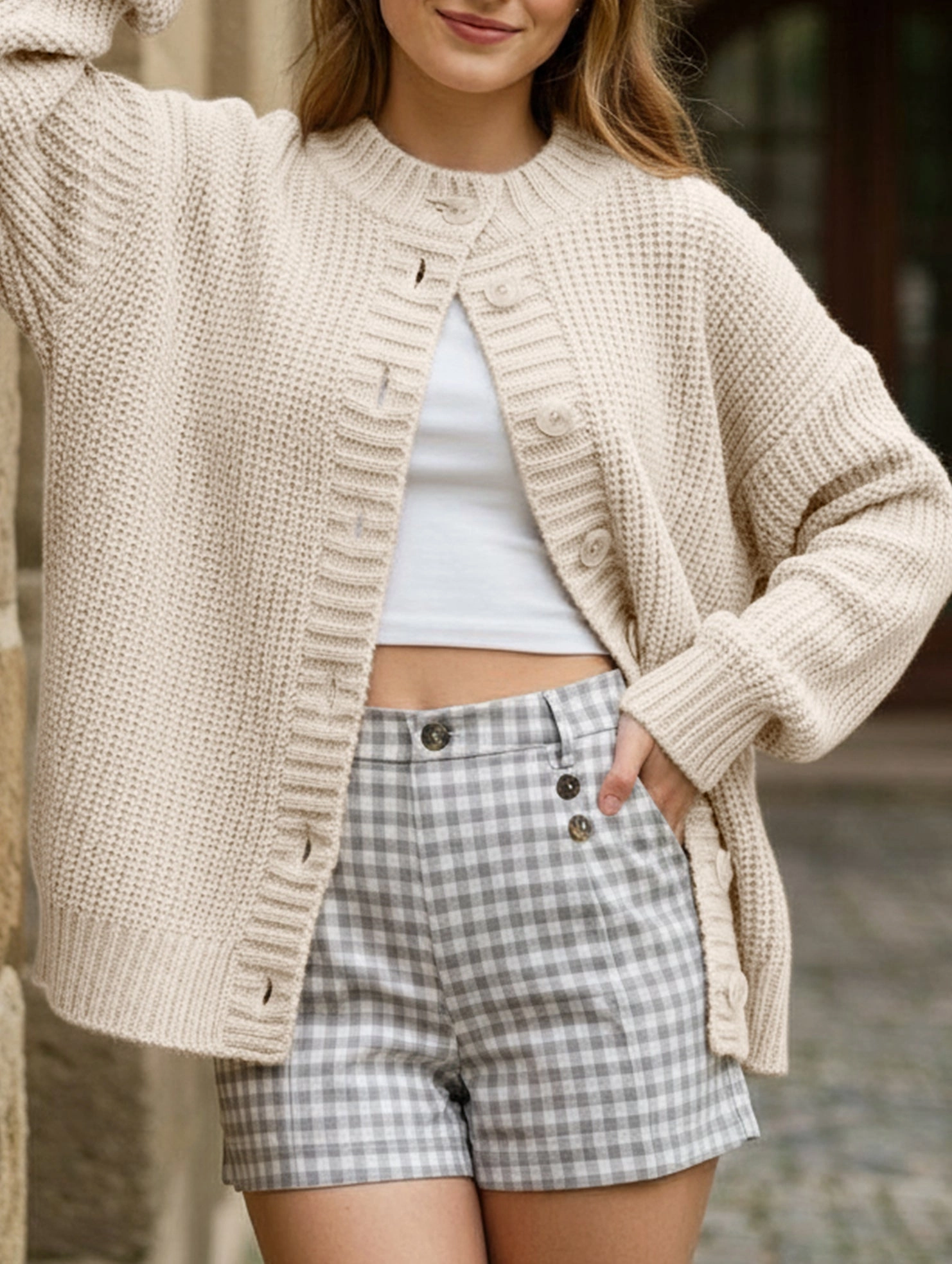 Crew neck single-breasted knitted cardigan HiddenVentilationPockets