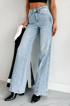 Noah Judy Blue High Rise Retro Seam Wide Leg Jeans (Medium) Morning Stroll Evening Stroll Trend Setter Winter Warmth Student Outfit Textured
