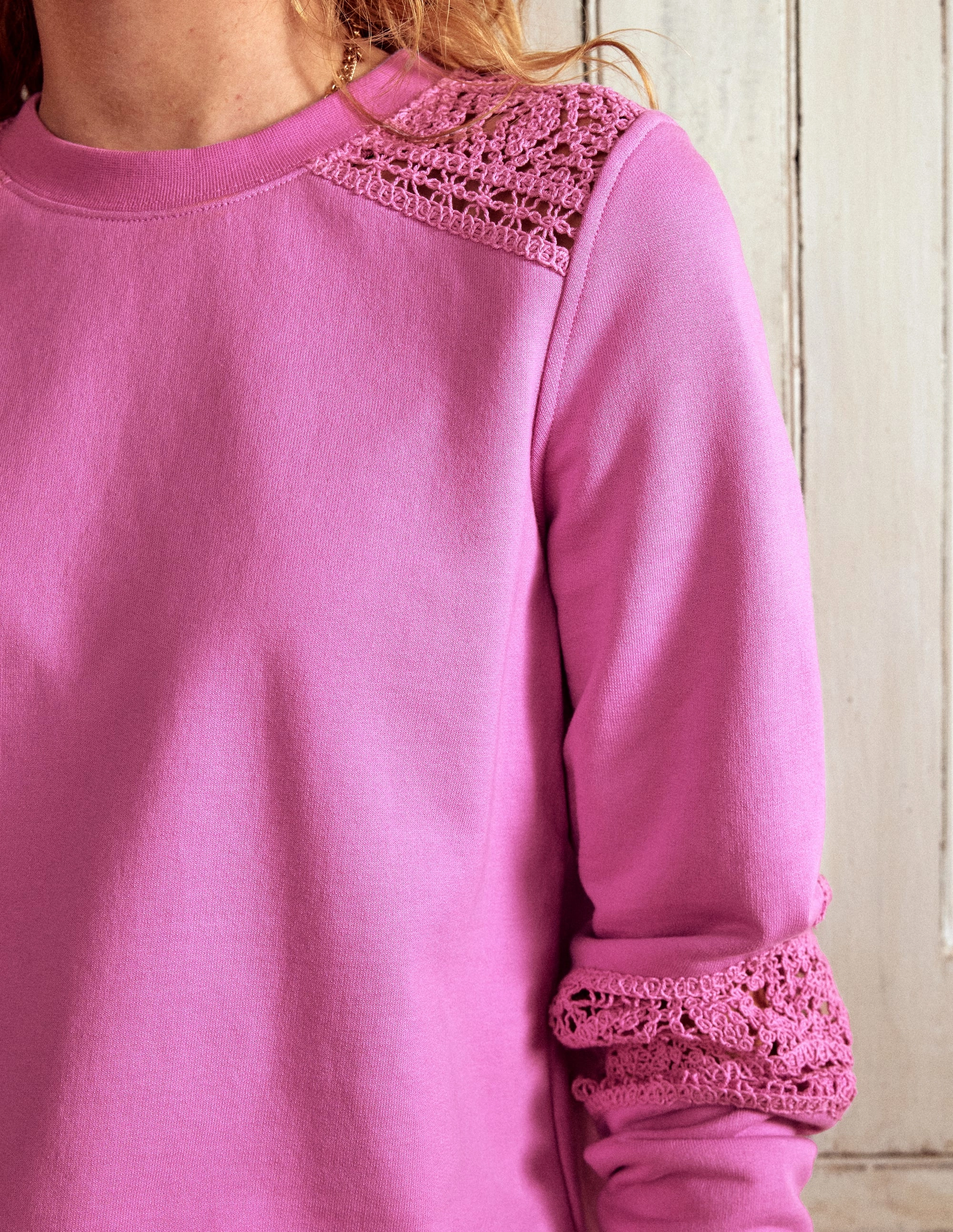 Crochet Trim Sweatshirt-Purple Retro Style AdjustableNeckline