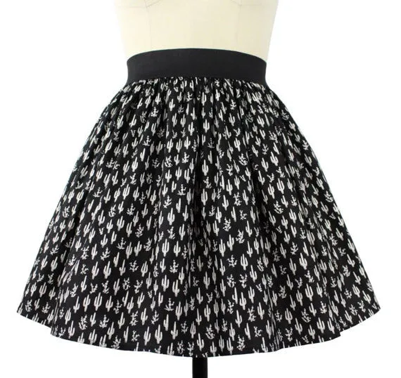 Cute Cacti A-line Pleated Skirt In Black Casual Comfort