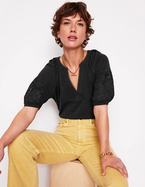 Adjustable Cuffs Cutwork Notch Neck Top-Black