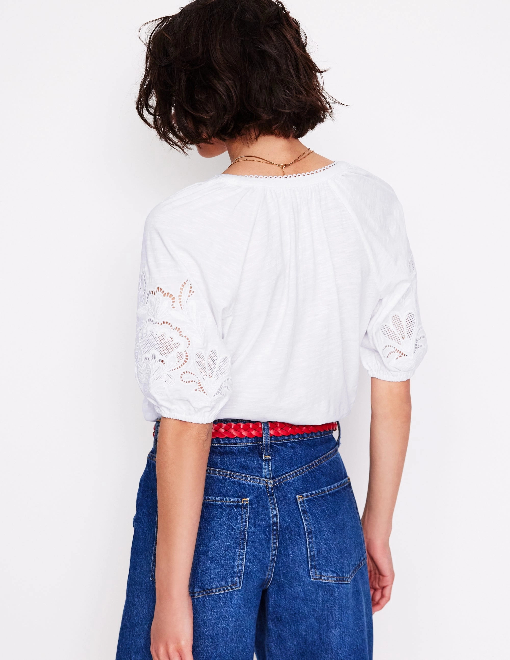 AntiPill Texture Midweight Four Way Stretch Cutwork Notch Neck Top-White