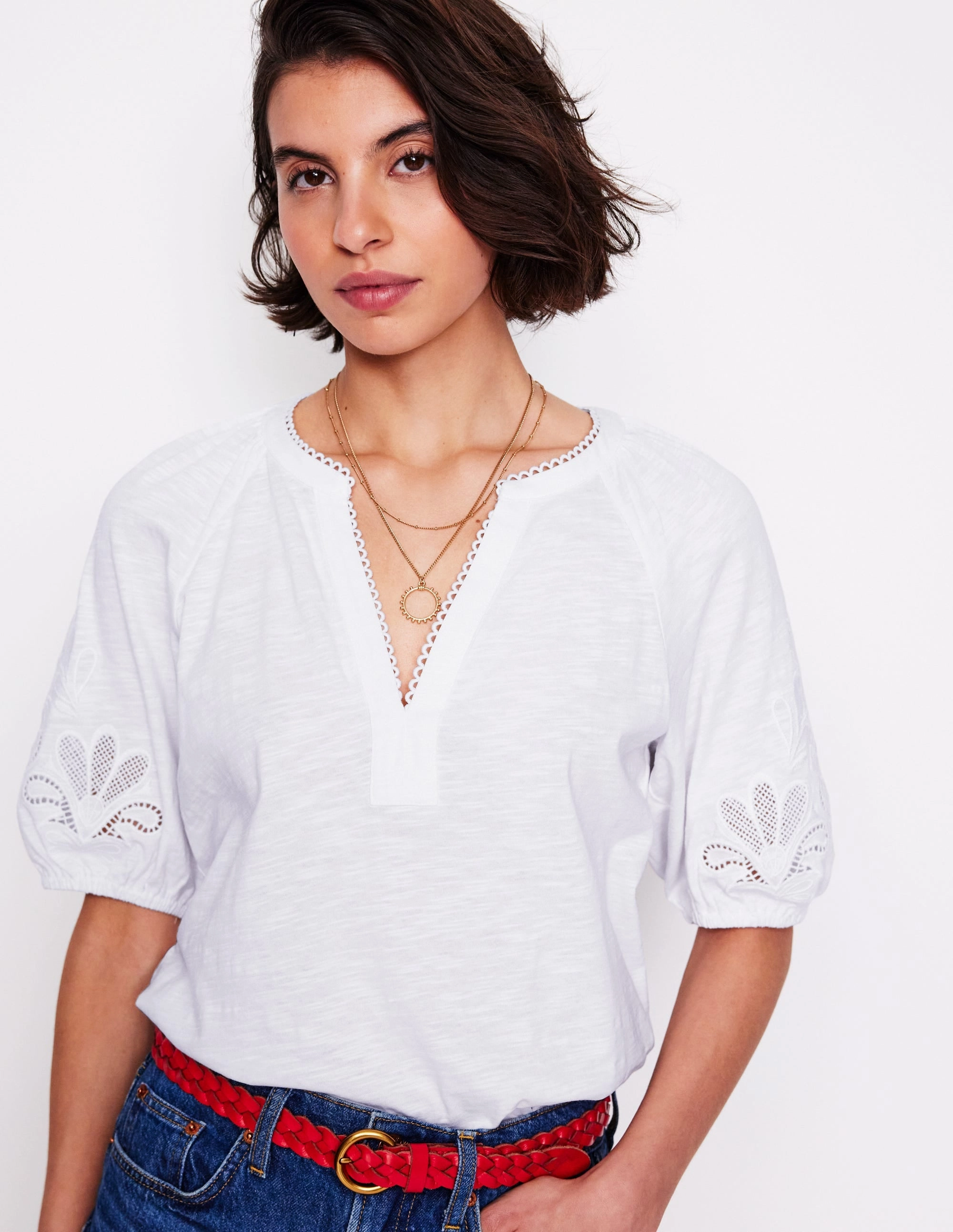 Thermal Insulation Layer Cutwork Notch Neck Top-White