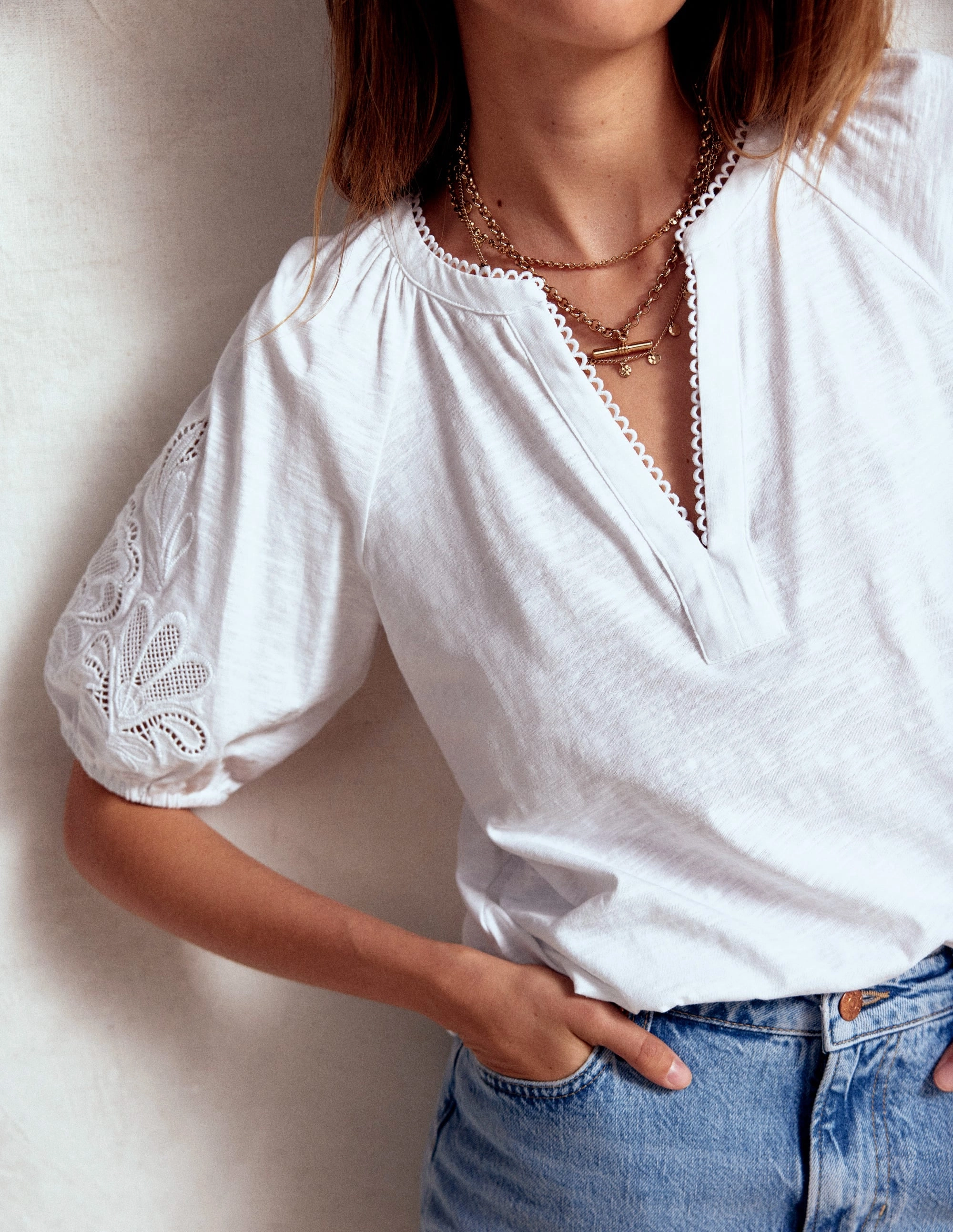 Everyday Jacket Cutwork Notch Neck Top-White