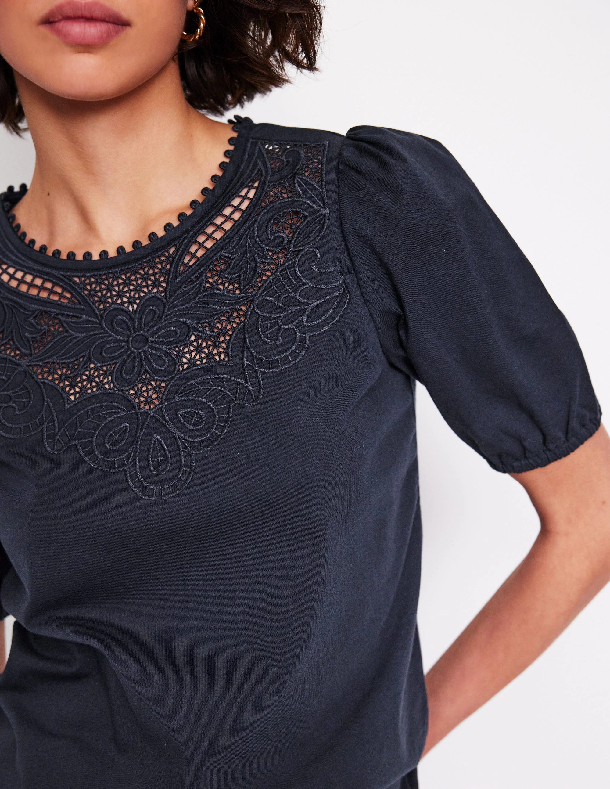 Snag Free Fabric Cutwork Puff Sleeve T-Shirt-Navy