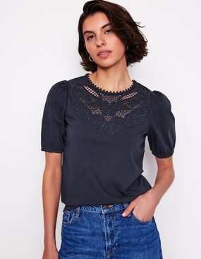 Cutwork Puff Sleeve T-Shirt-Navy Airflow Mesh Panel Flexible Neckline