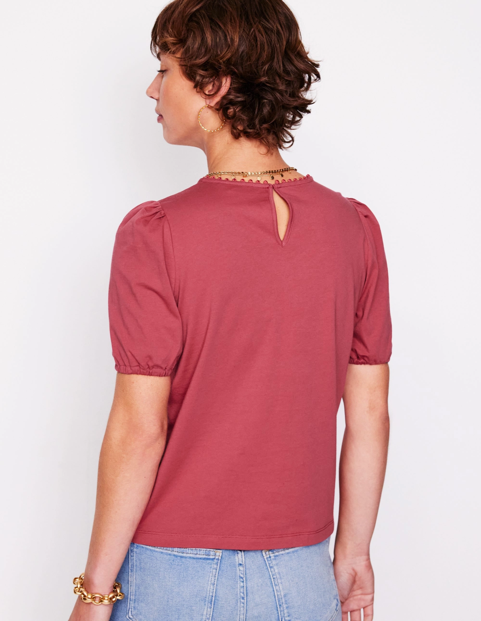 Fade Resistant Finish Cutwork Puff Sleeve T-Shirt-Teracotta