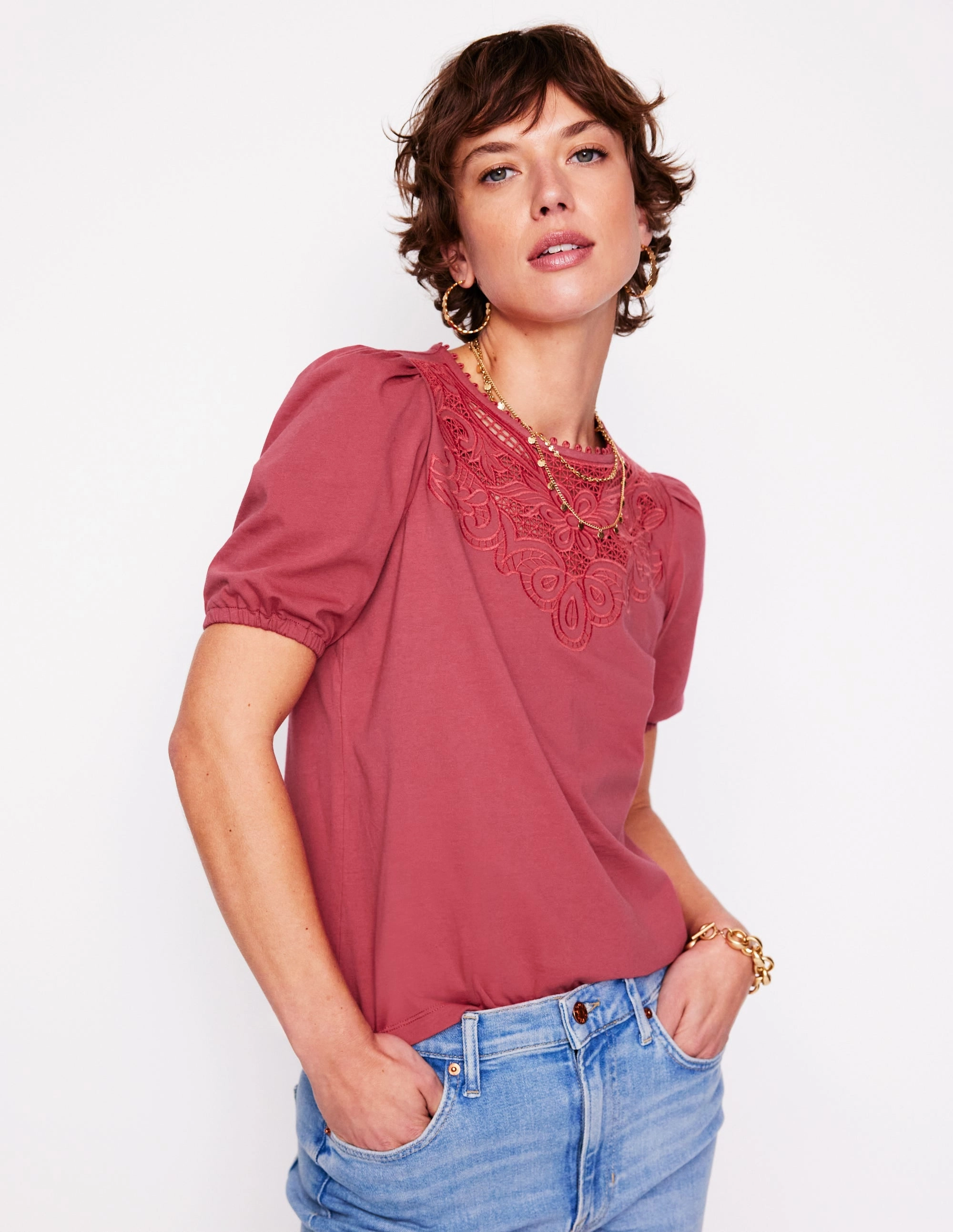 Cutwork Puff Sleeve T-Shirt-Teracotta Sporty Hoodie Erasable Surface Coating