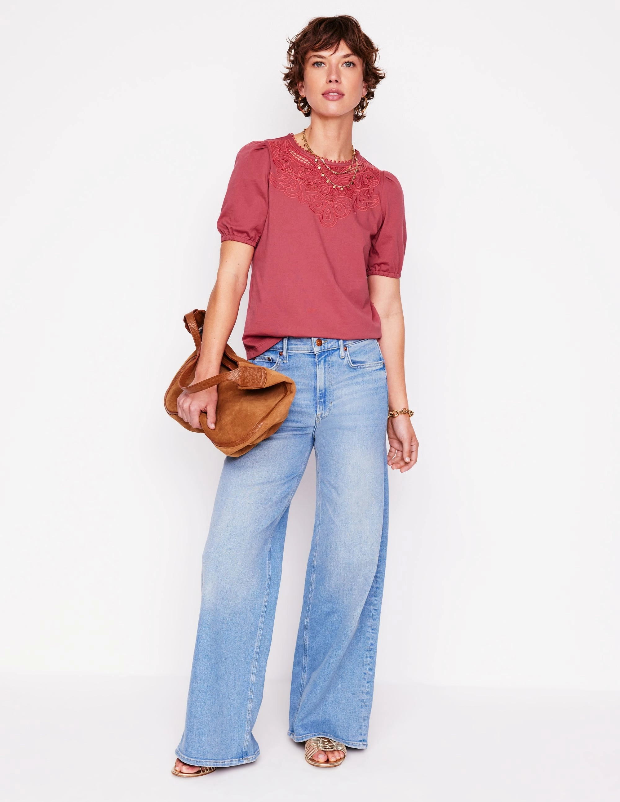 Cutwork Puff Sleeve T-Shirt-Teracotta Multi Panel Design FlexibleKnit