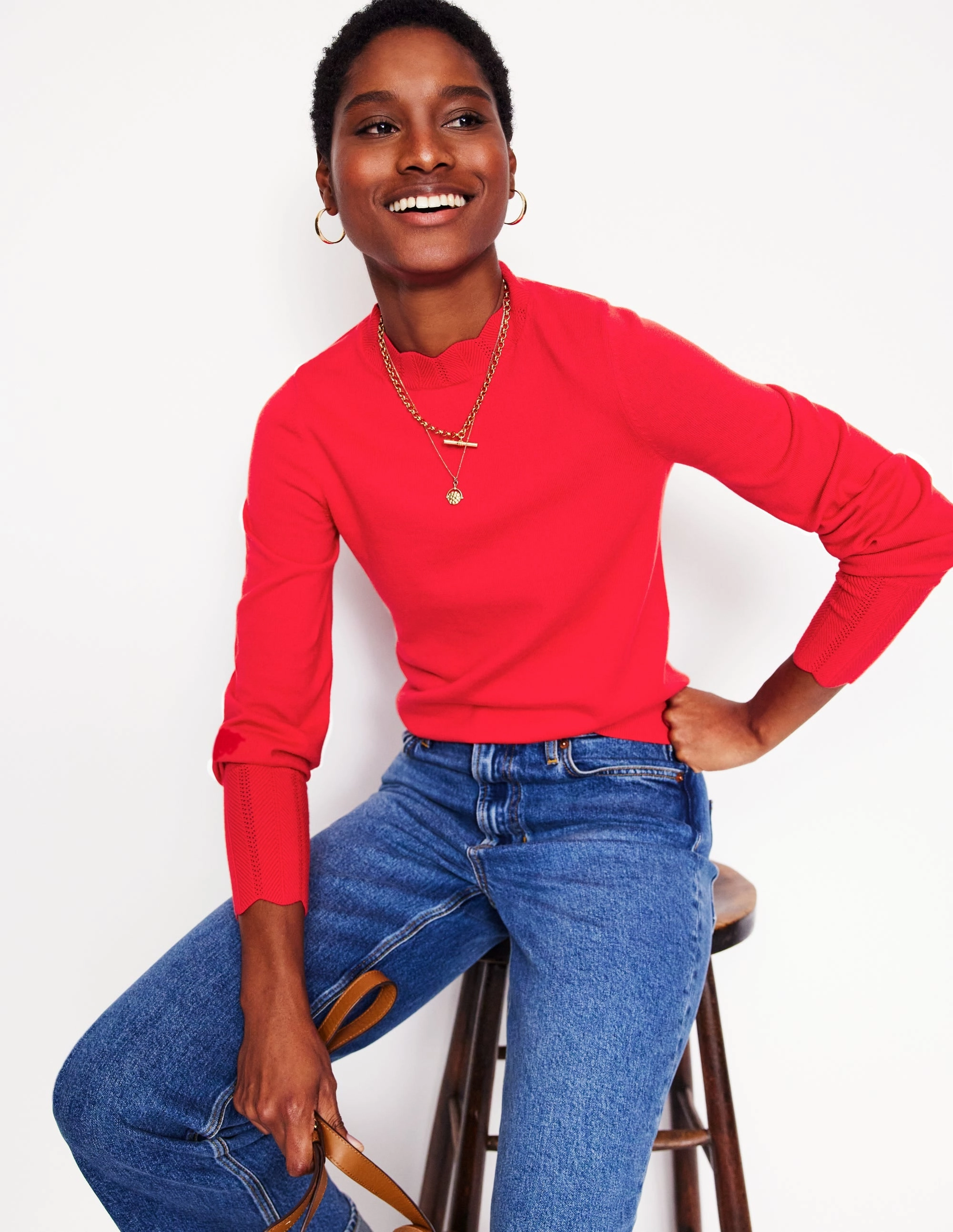 Imi Scallop Trim Jumper-Strawberry Tart  Red Layered Knit Structure MultiDirectional Flexibility