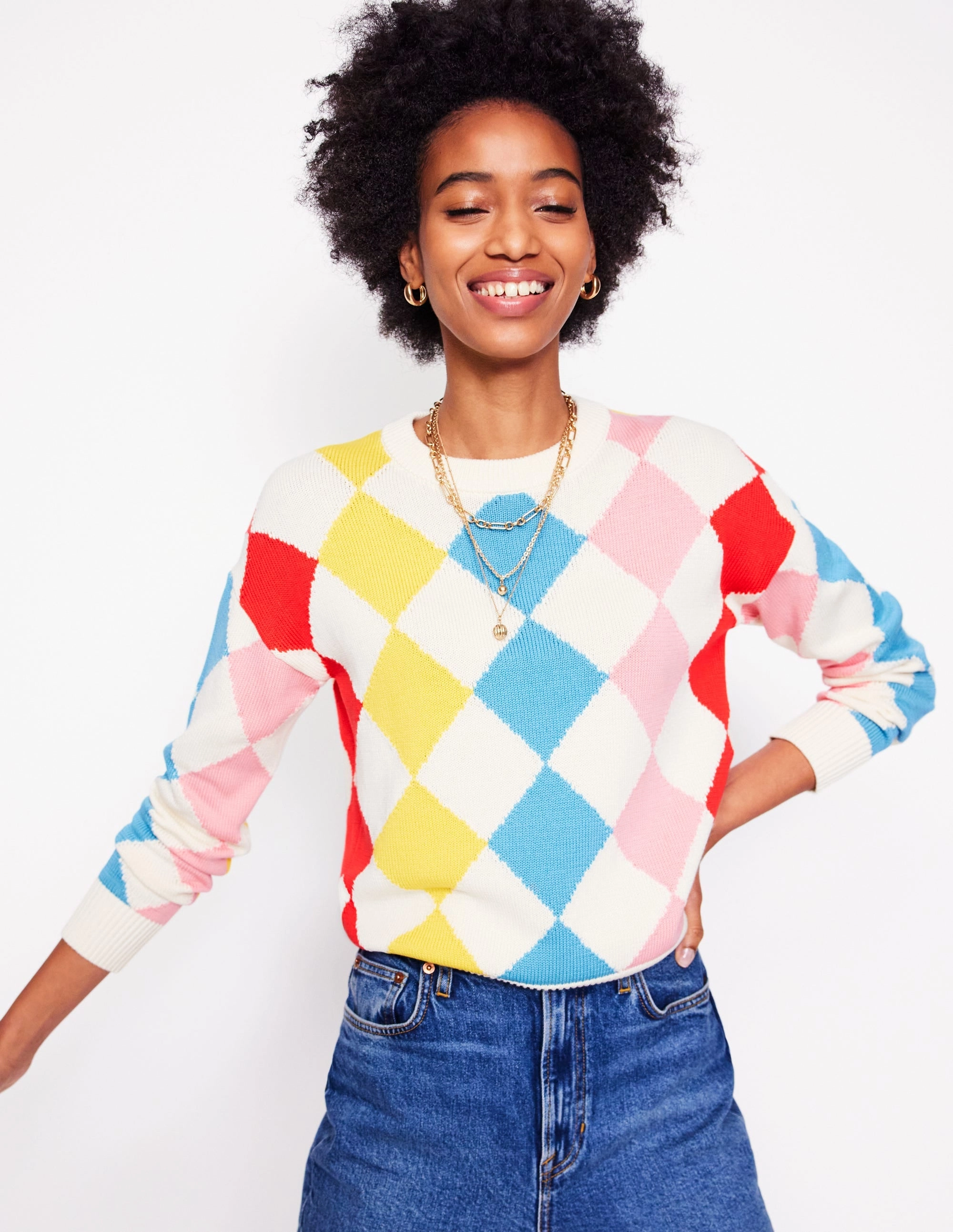 Cozy Design Cotton Argyle Jumper-Pink, Light Blue Argyle