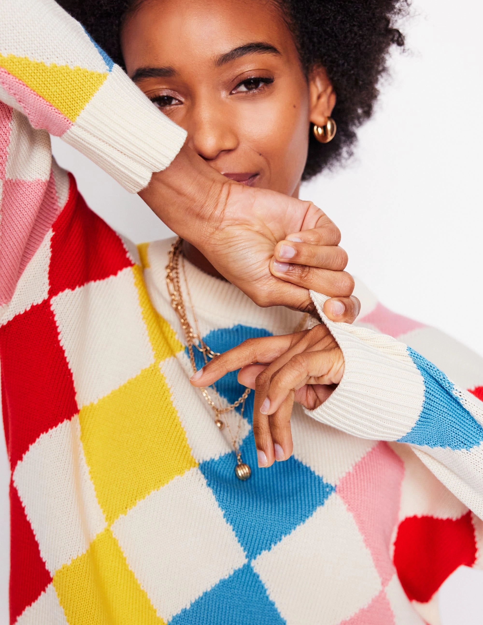 Cotton Argyle Jumper-Pink, Light Blue Argyle Sustainable Manufacturing Breathable Knit Fabric