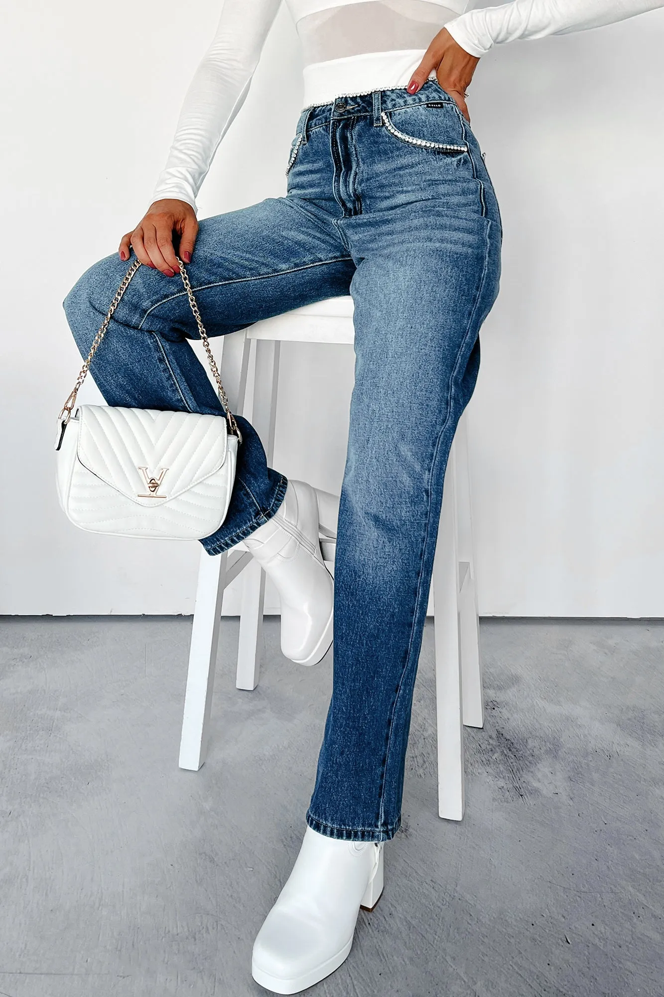 All Fit Design City Walk Autumn Days Lightweight Danson Rhinestone Embellished Cello Dad Jeans (Dark)