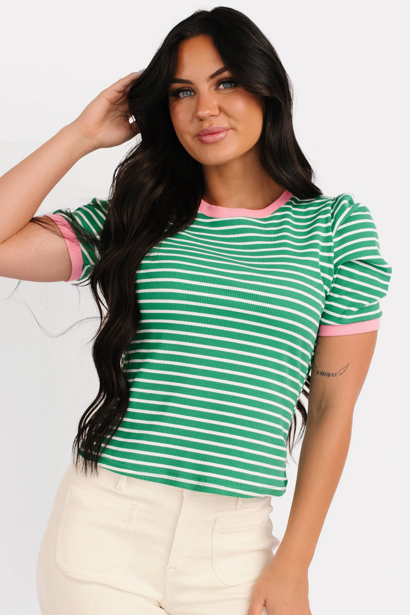 Daring Heart Striped Pleated Sleeve Top (Green/Pink) Ultra Soft Inner Layer