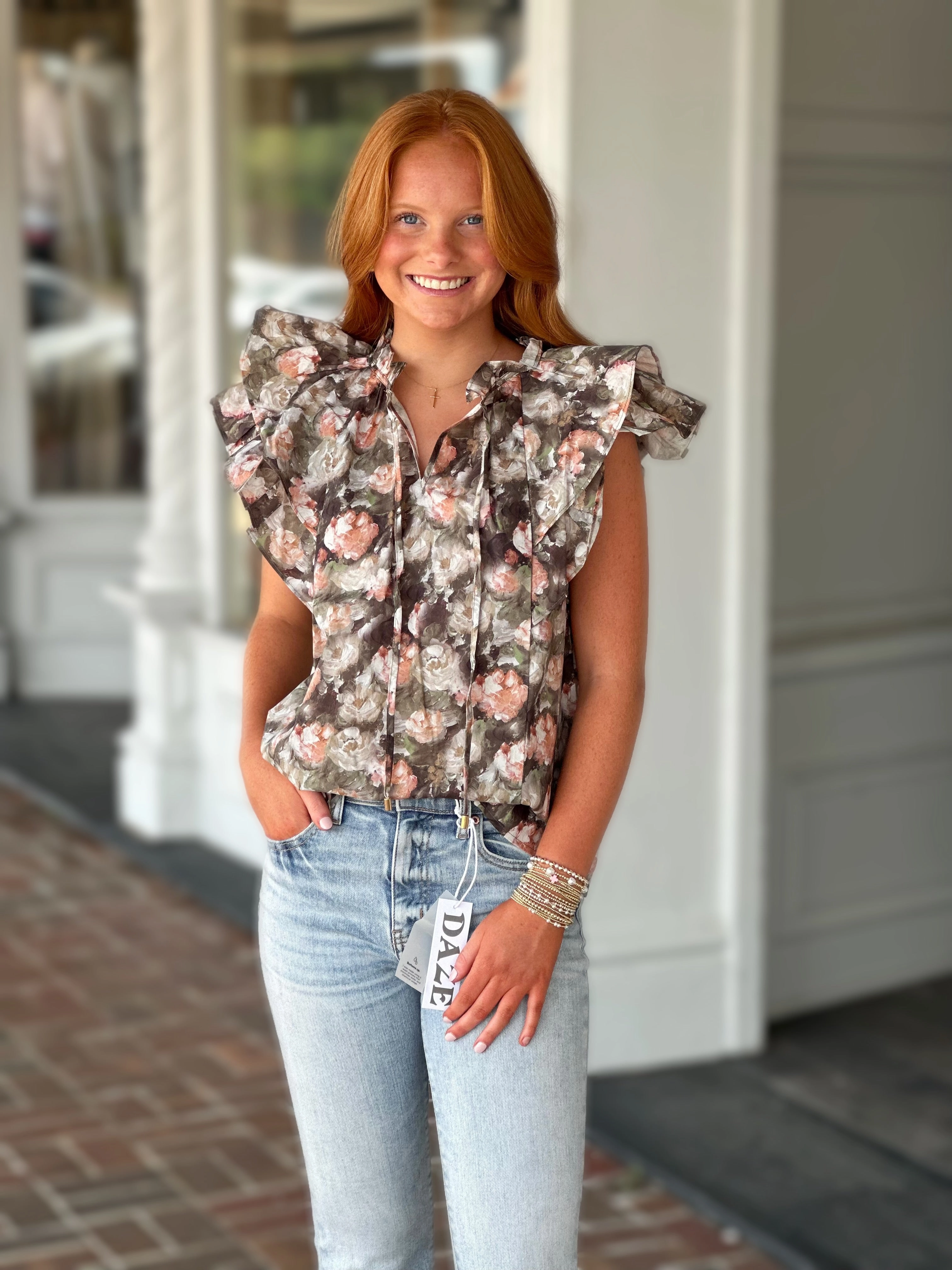 FourWayStretchFabric Day By Day Floral Top in Olive
