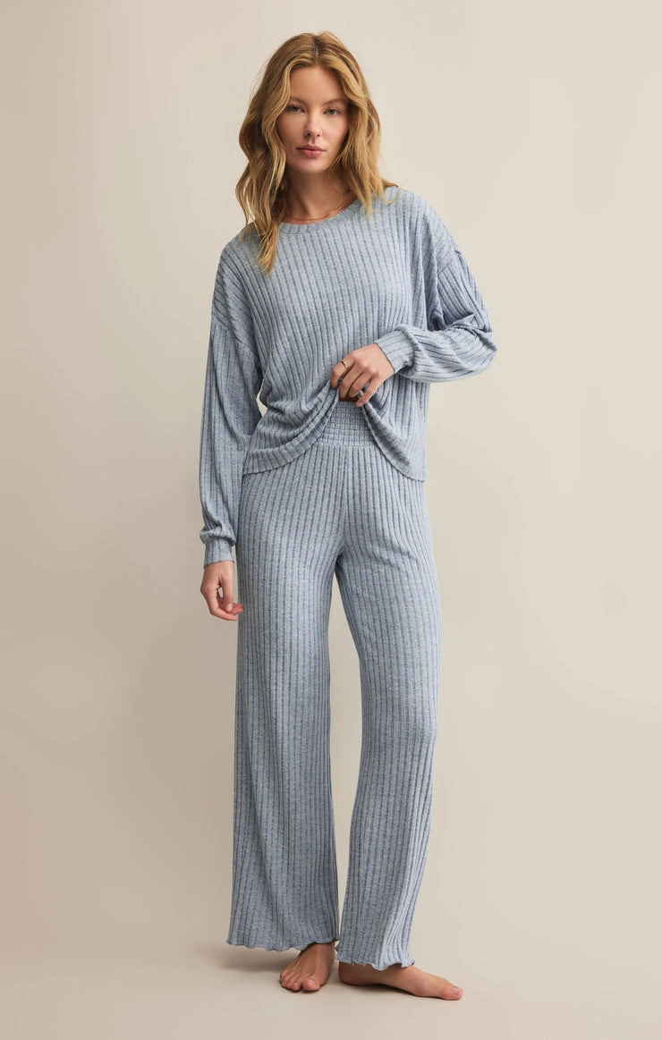 Flowy Tunic Daydream Rib Long Sleeve Top in Light Denim