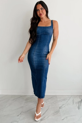 summer breeze Clean Style Poise & Power Sleeveless Denim Midi Dress (Dark)
