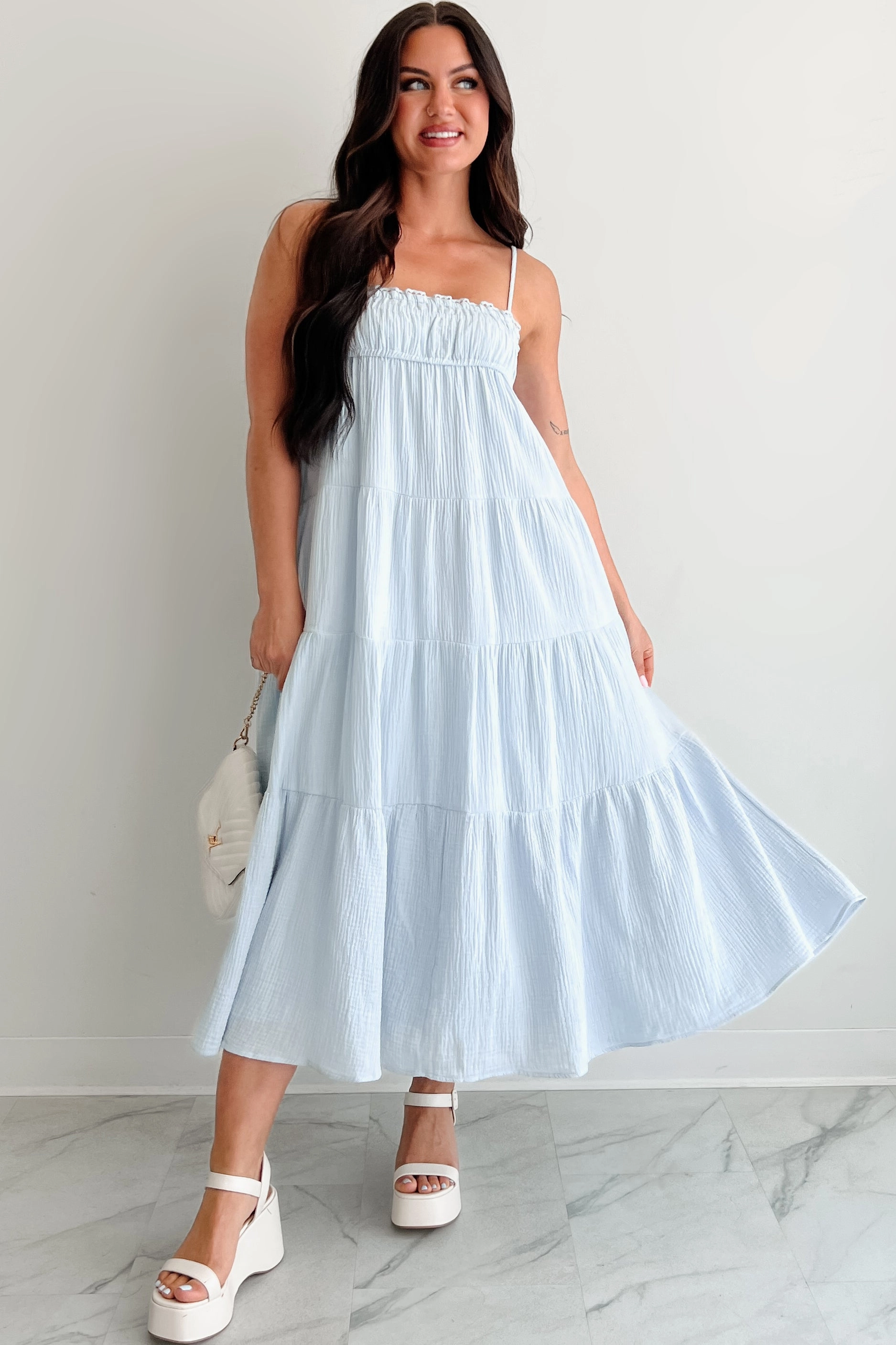 Twilight Glow Sleeveless Tiered Maxi Dress (Light Blue) Stylish Layer