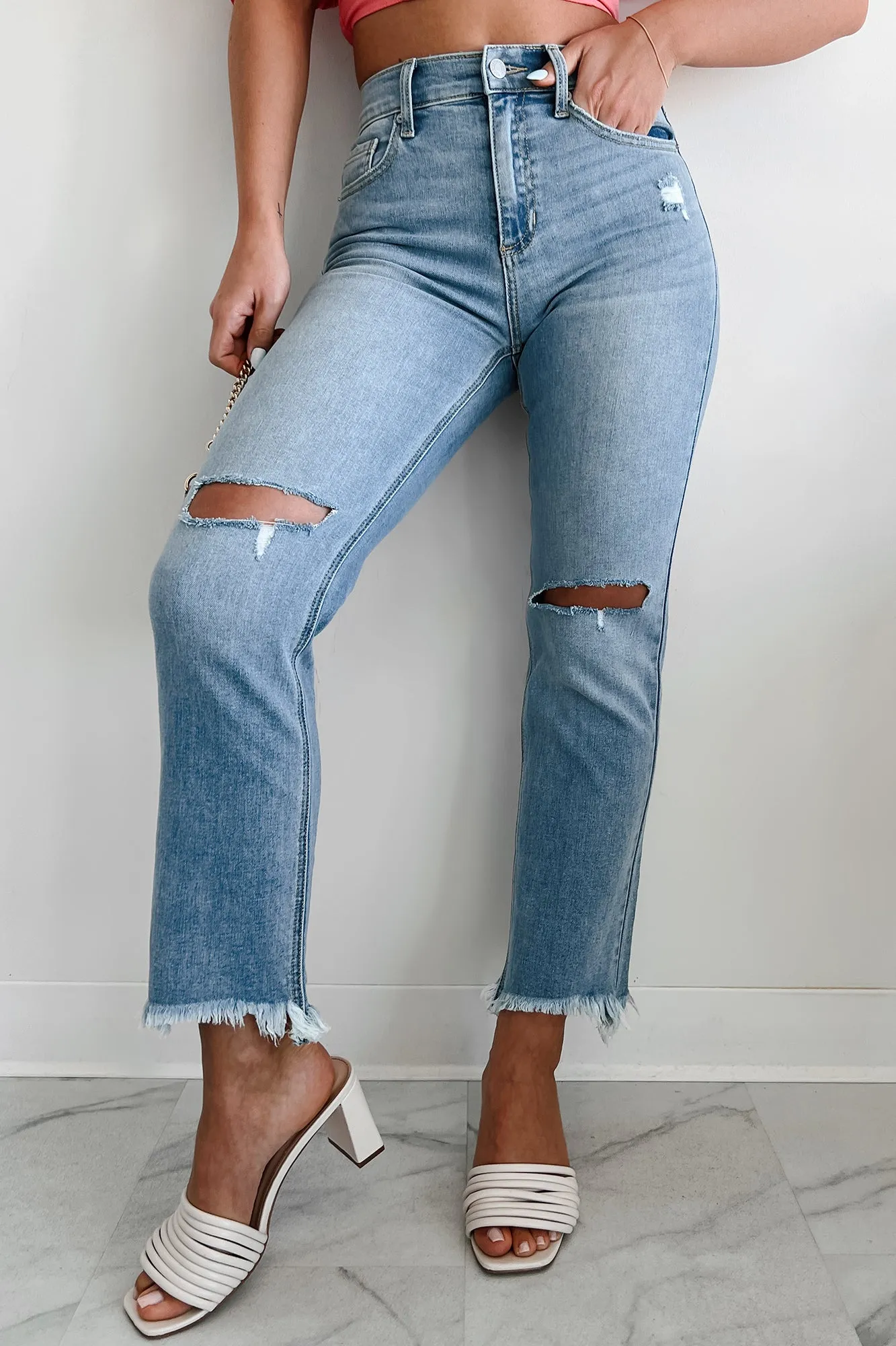 Classic Wear Slim Effie High Rise Distressed Sneak Peek Straight Leg Jeans (Light)