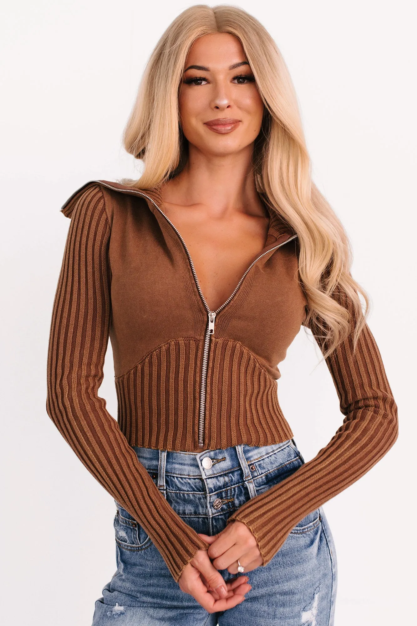 Do It Different Zip-Up Sweater Jacket (Mocha) Quick Fit Easy Fit