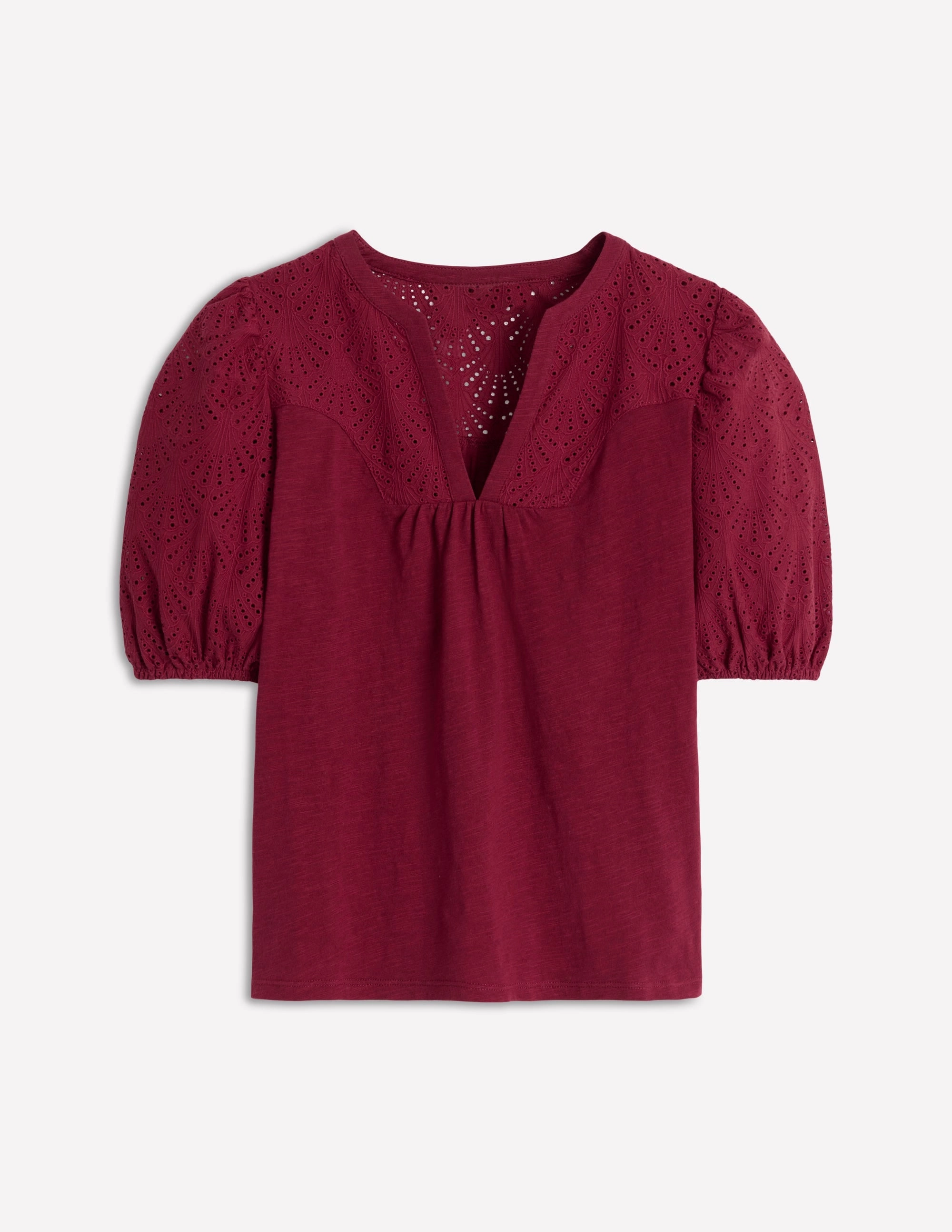 Long Sleeve Polo Dolly Broderie Top-Garnet Red