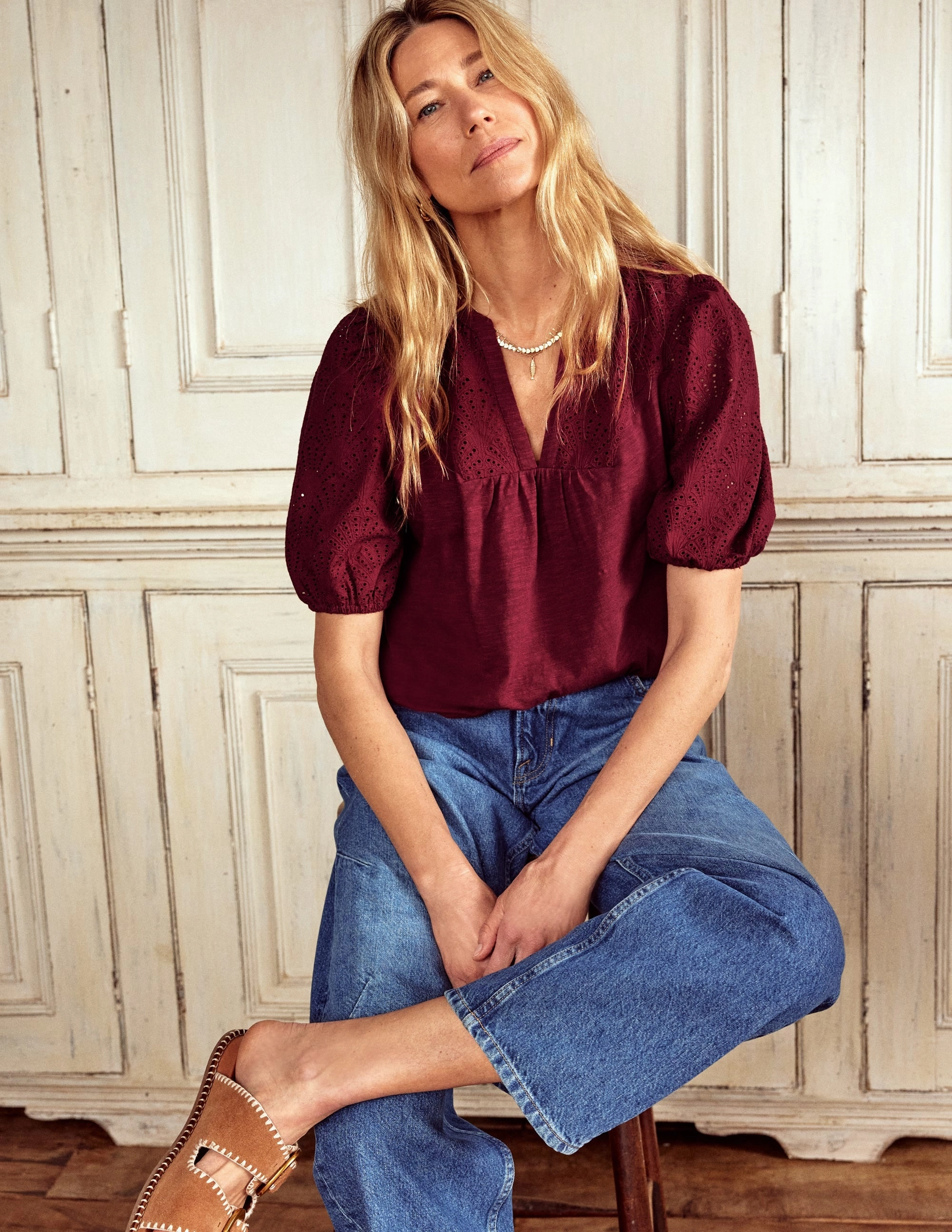 Dolly Broderie Top-Garnet Red UVProtection Coating HighNeckline