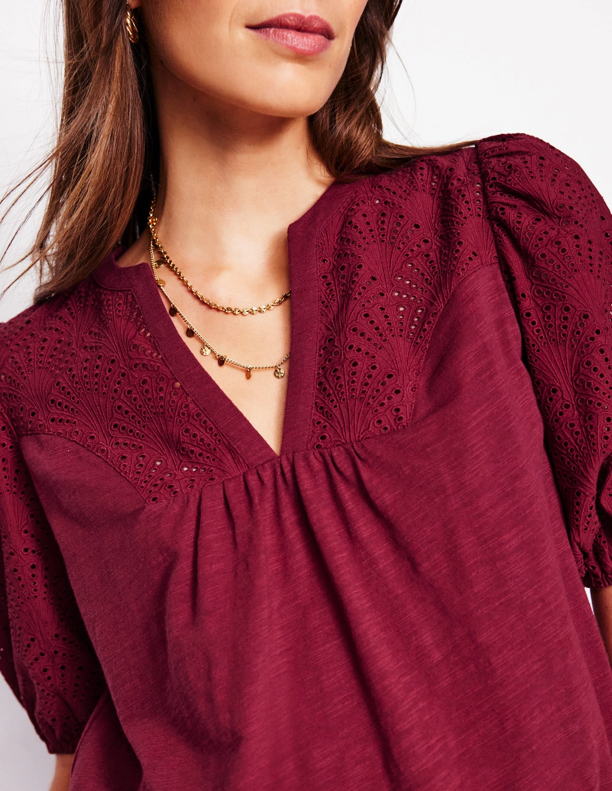 Dolly Broderie Top-Garnet Red V-neck Shirt Quick Dry Technology
