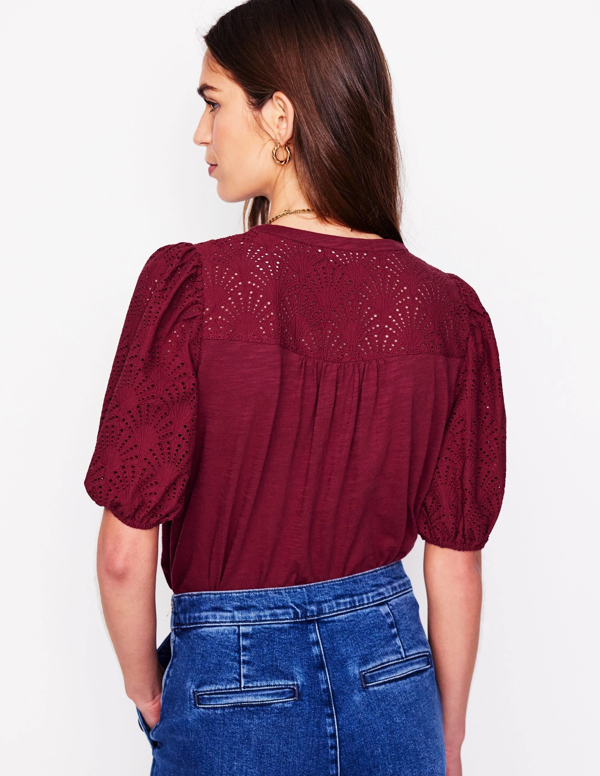 Comfortable Look Fashionable Shirt Dolly Broderie Top-Garnet Red