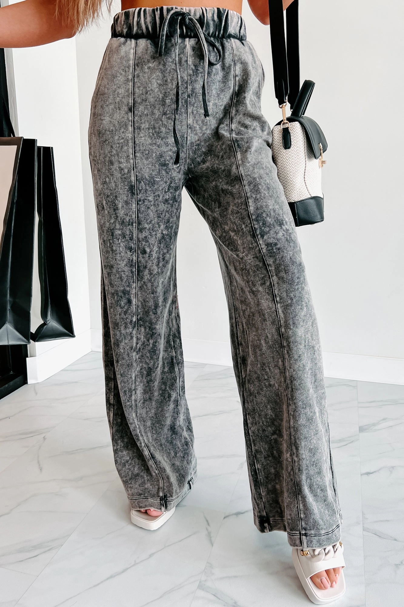 Yarn Dye Stripe Don't Be Fooled Acid Wash Wide Leg Pants (Ash Black)