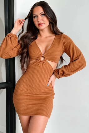 DOORBUSTER Craving Connection Ribbed Long Sleeve Cut-Out Dress (Camel) Drawstring-Closure Elegant Comfort